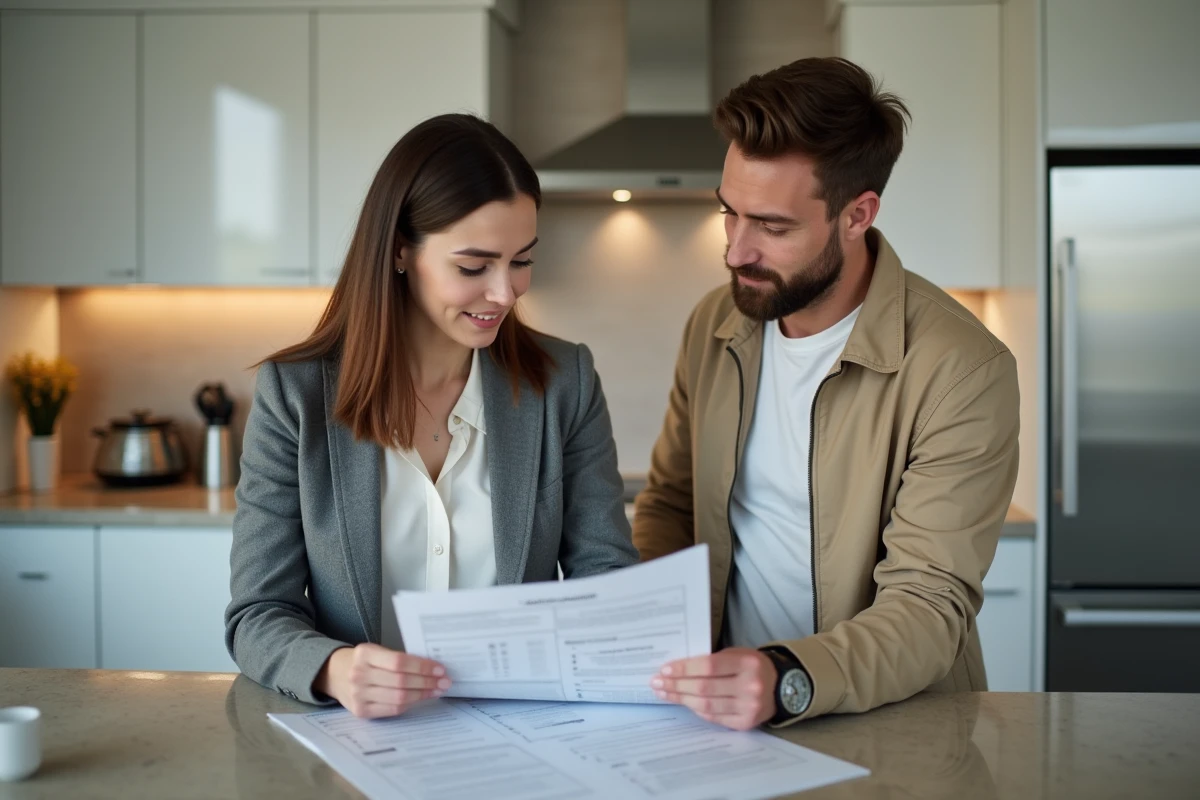 Agent immobilier et locataire examinant ensemble un rapport d'état des lieux dans une cuisine moderne