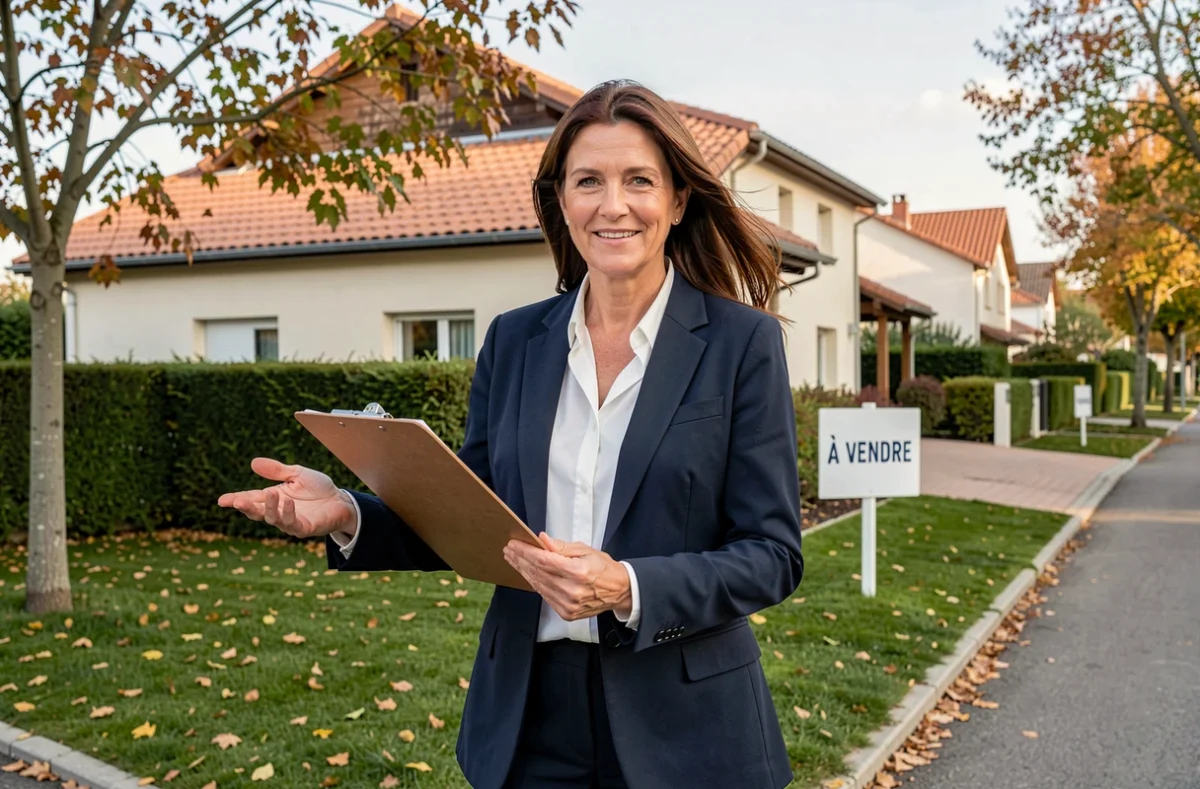 Agente immobilière devant une maison à vendre en banlieue résidentielle, conseils pour réussir un achat immobilier