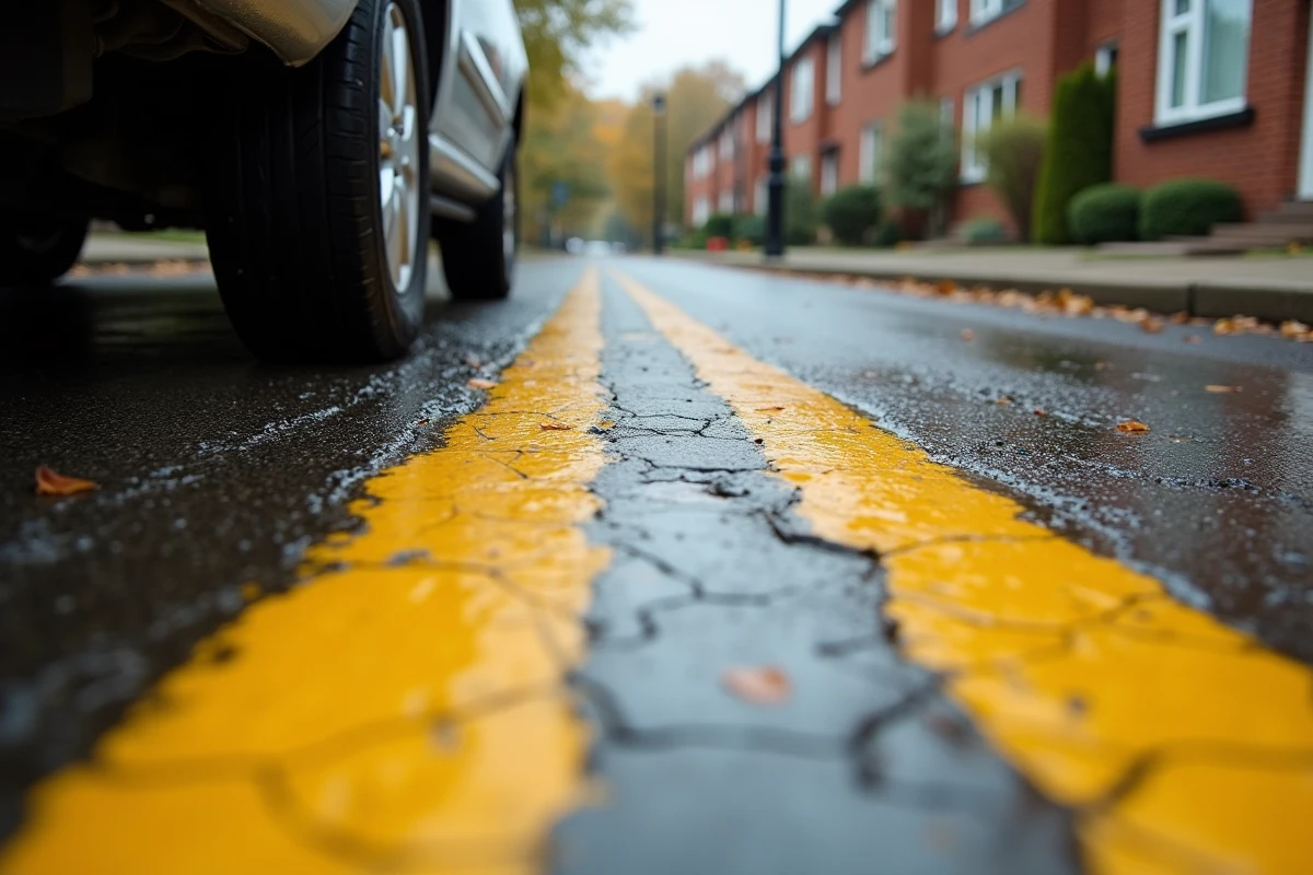 Gros plan sur une double bande jaune peinte sur l'asphalte mouillé avec une roue de voiture en arrière-plan