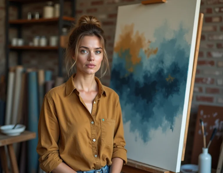 Femme peintre dans son atelier devant une grande toile abstraite aux tons terreux, mains tachées de peinture, ambiance artistique authentique