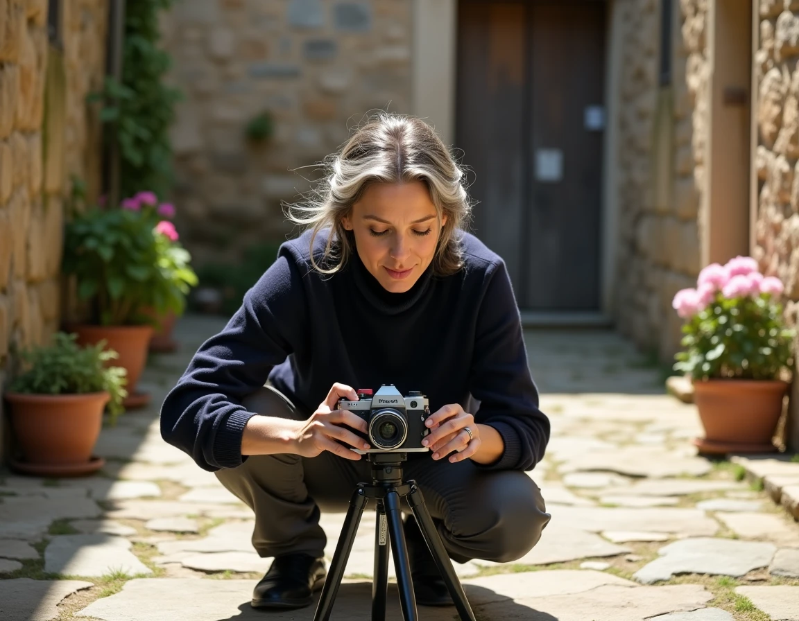 Femme photographe ajustant un appareil photo argentique dans une cour en pierre, atmosphère méditerranéenne, parcours artistique inspirant