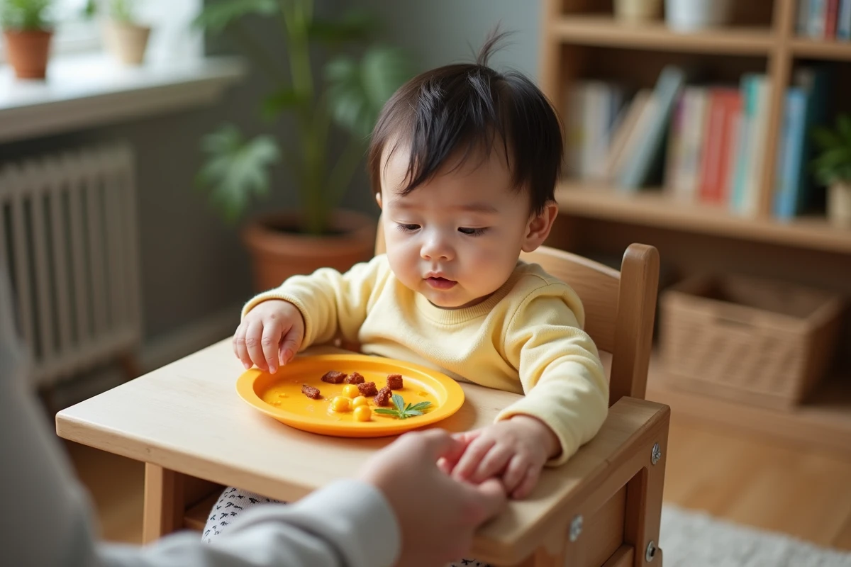 Bébé fille curieuse touchant son assiette de purée