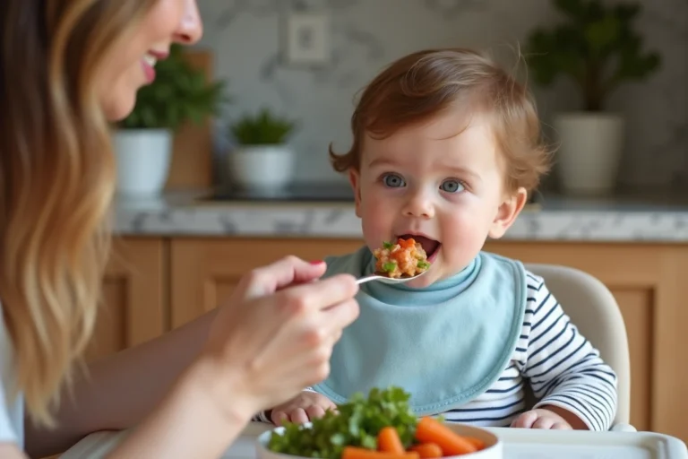 Bébé de 7 mois mangeant des légumes en famille