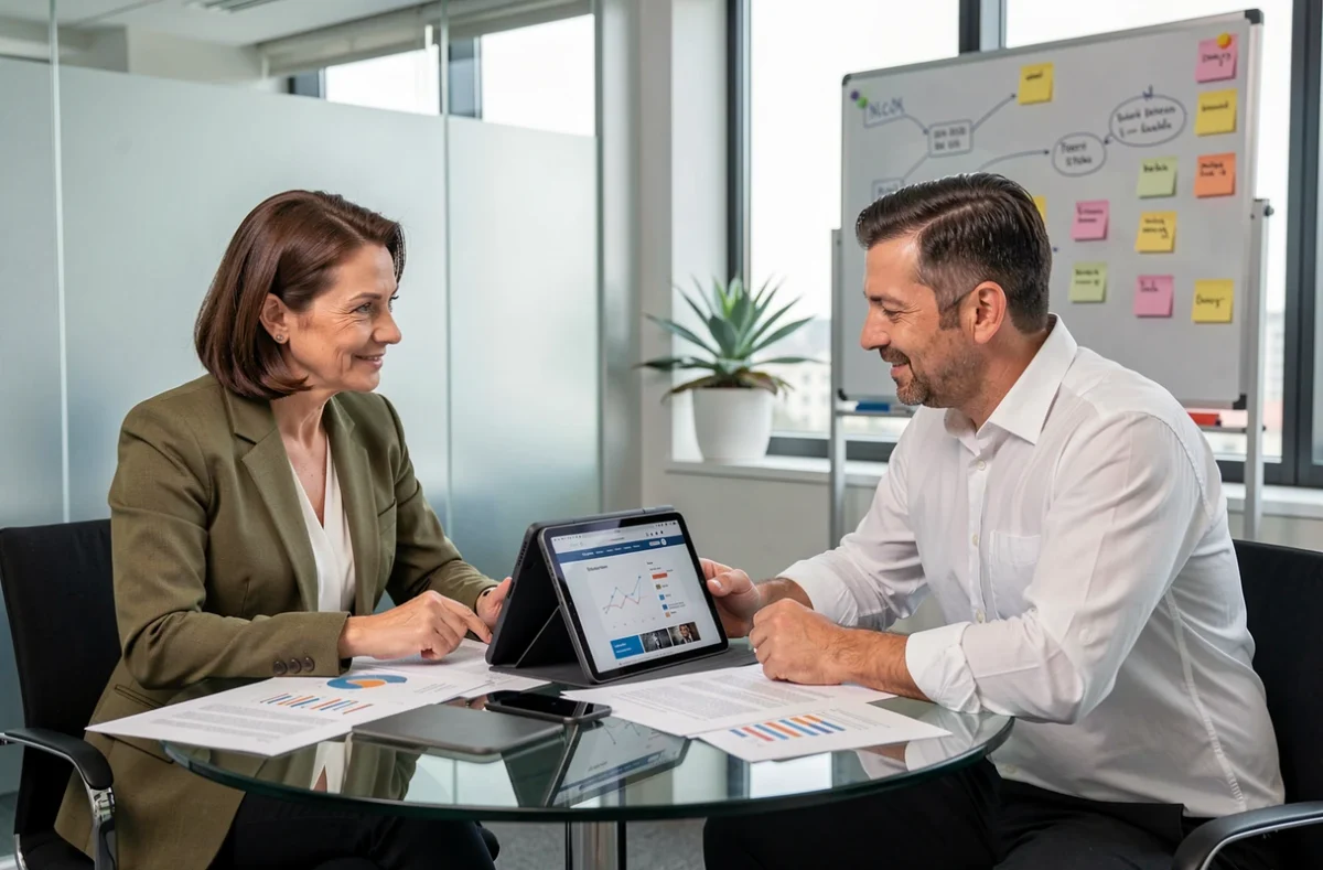 Deux professionnels collaborant sur une stratégie de business en ligne autour d'une table dans une salle de réunion minimaliste