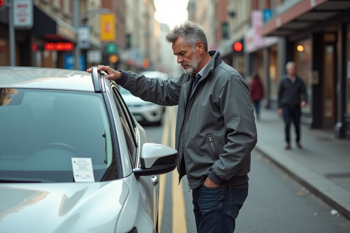 Homme découvrant une contravention sur son SUV blanc garé sur une bande jaune en ville
