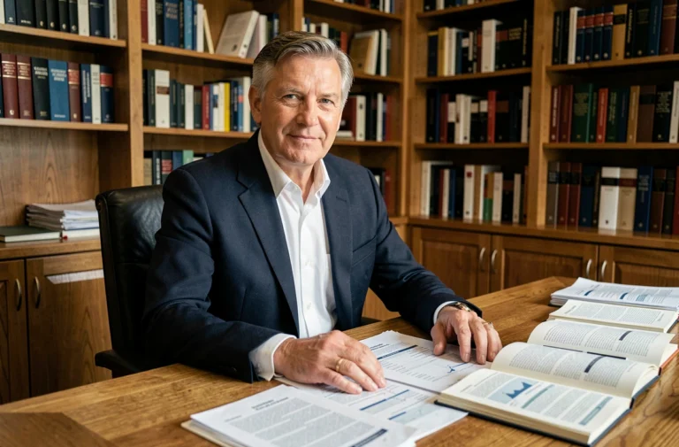 Conseiller économique senior en costume sombre assis à son bureau avec des rapports financiers et des livres d'analyse économique