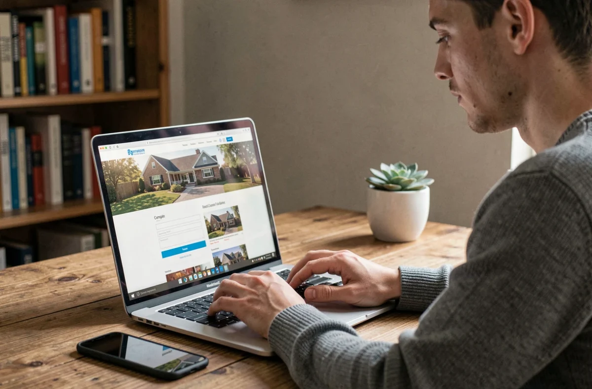 Jeune homme contactant une agence immobilière en ligne via un formulaire de contact sur ordinateur portable