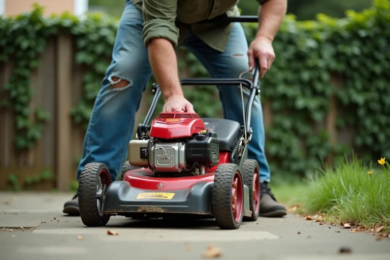 Homme inclinant une tondeuse thermique sur le côté sur une allée en béton dans un jardin résidentiel