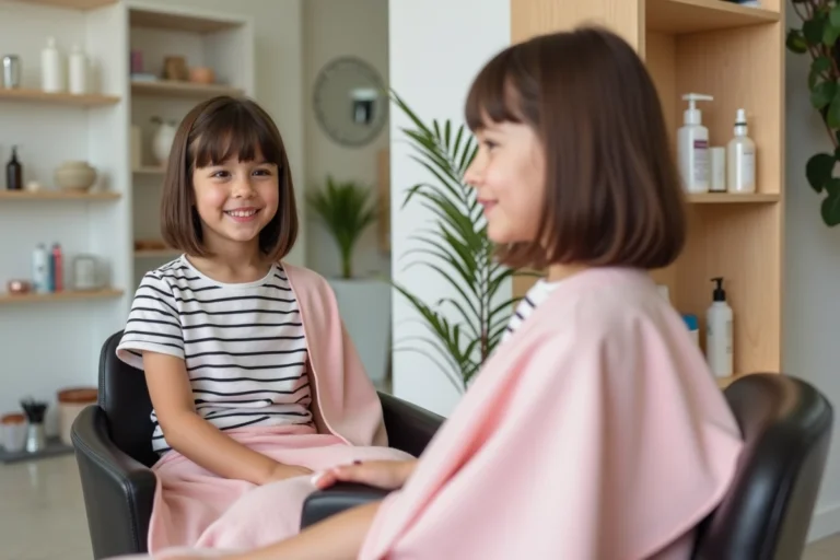 Jeune fille avec une coupe dégradée tendance réalisée dans un salon de coiffure moderne, reflétée dans un miroir
