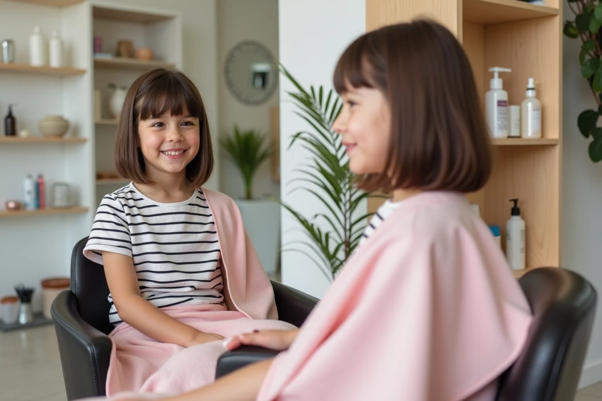 Jeune fille avec une coupe dégradée tendance réalisée dans un salon de coiffure moderne, reflétée dans un miroir