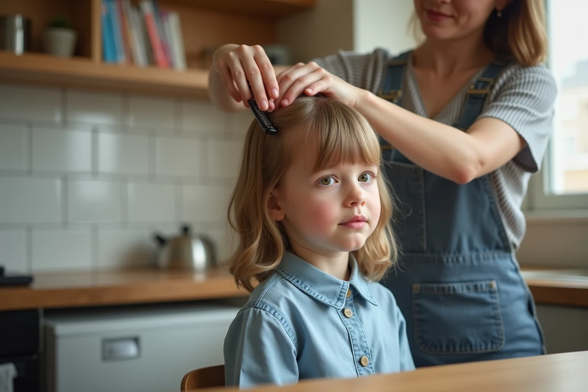 Coupe dégradée mi-longue pour fillette réalisée à domicile par une coiffeuse dans une cuisine chaleureuse