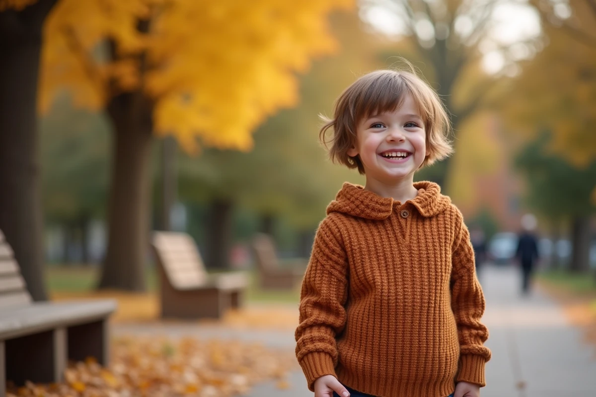 Fillette avec une coupe dégradée pixie tendance en extérieur dans un parc en automne, vêtue d'un pull en maille rouille