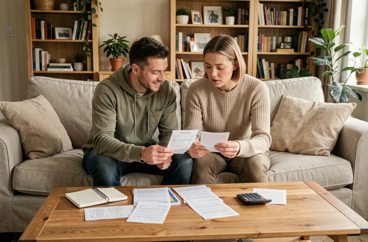 Couple examinant des factures et reçus ensemble dans un salon, gérant leur budget familial au quotidien
