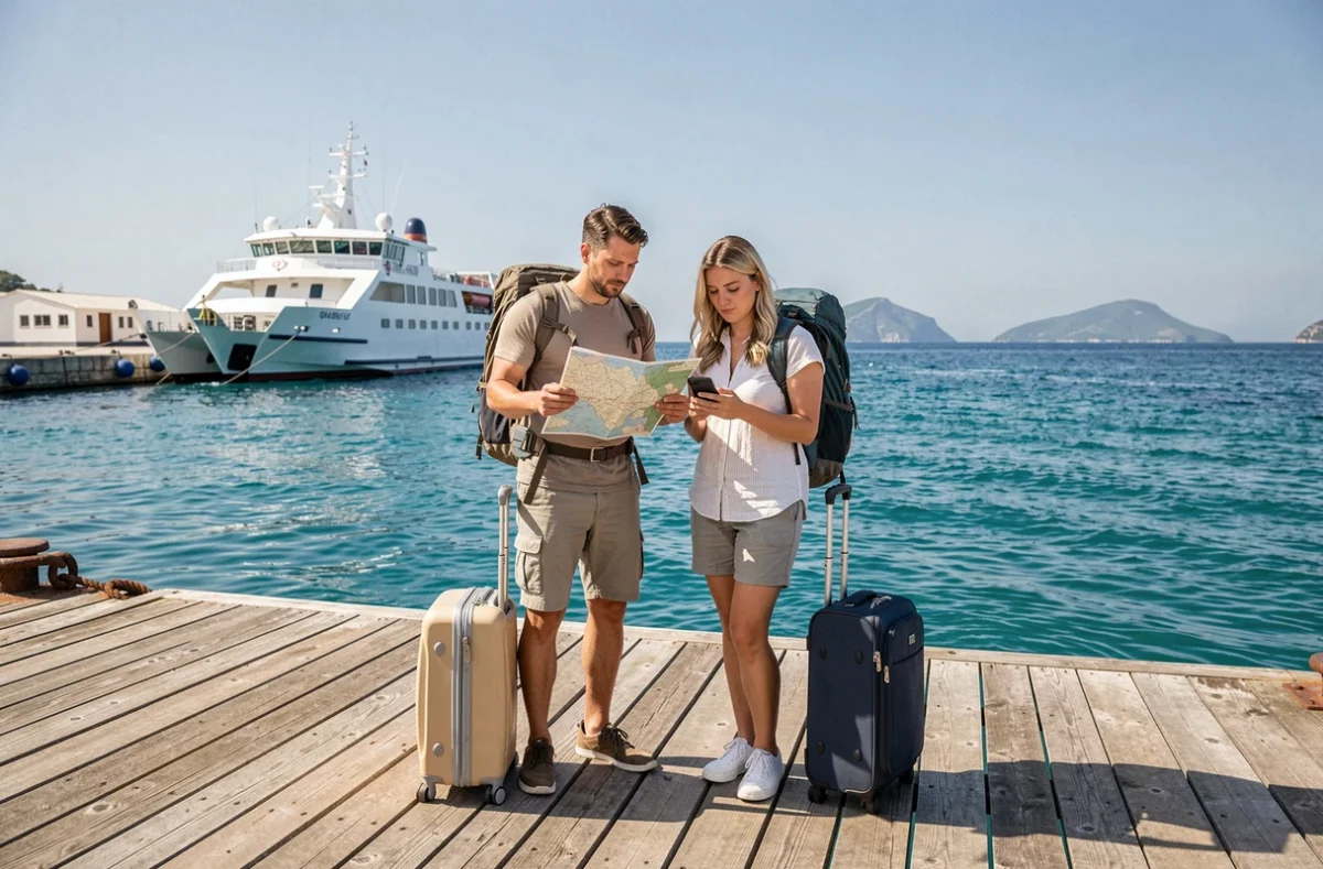 Couple consultant une carte au terminal de ferry avant de partir en croisière en Méditerranée