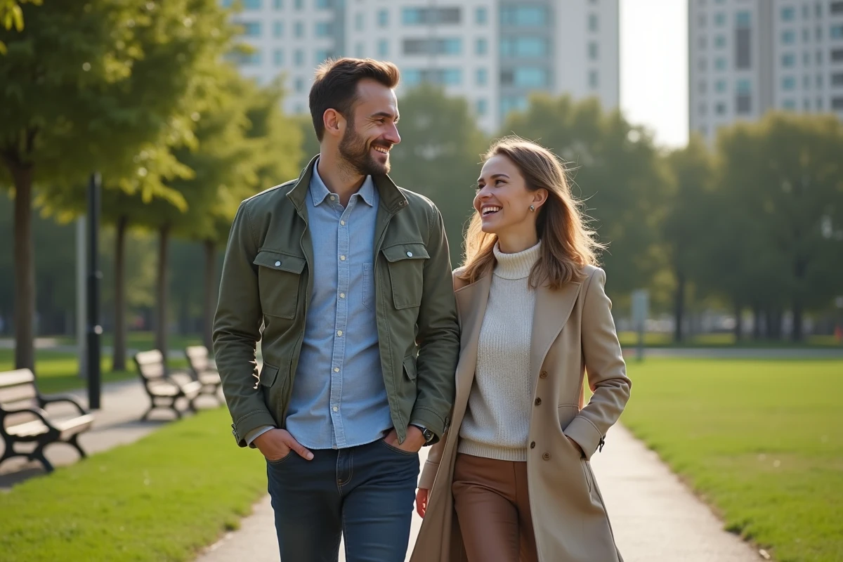 Couple marchant dans un parc souriant détendus
