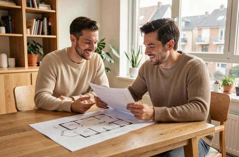 Couple examinant des documents immobiliers sur une table en bois dans un appartement moderne, projet d'achat immobilier en famille