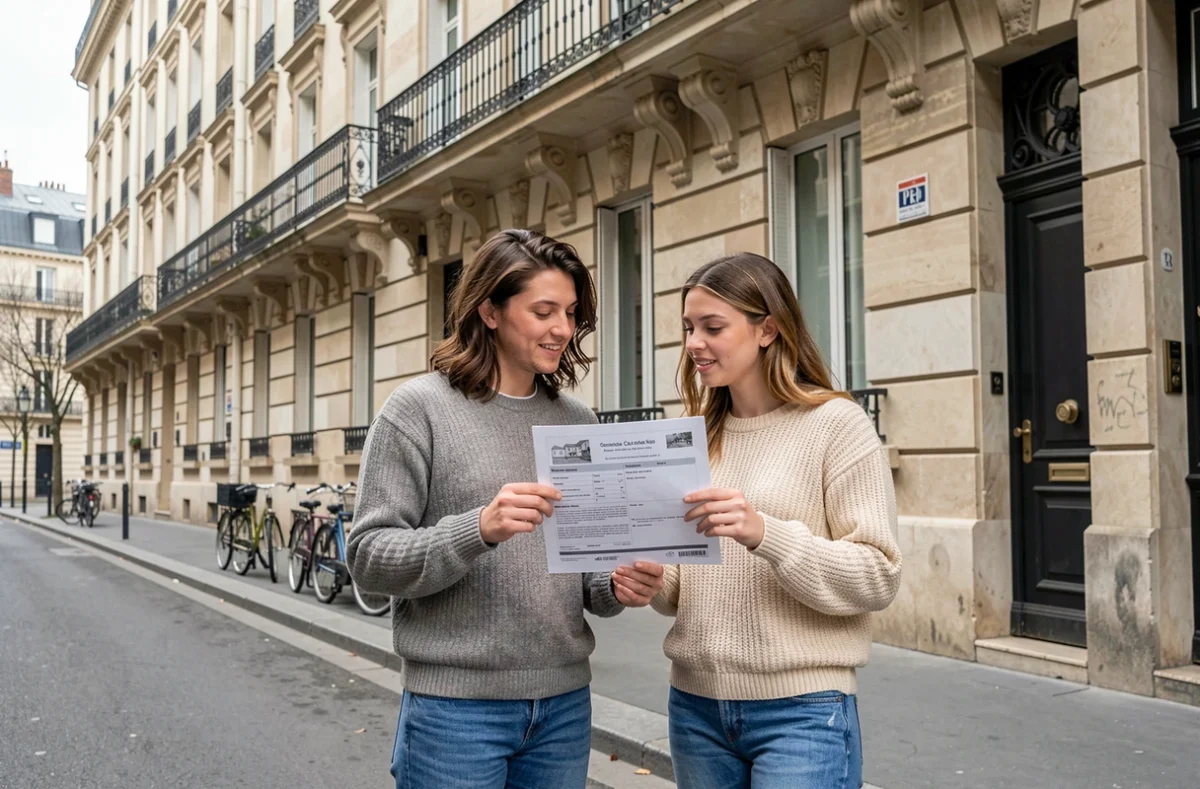 Couple visitant un appartement à louer dans un quartier urbain parisien