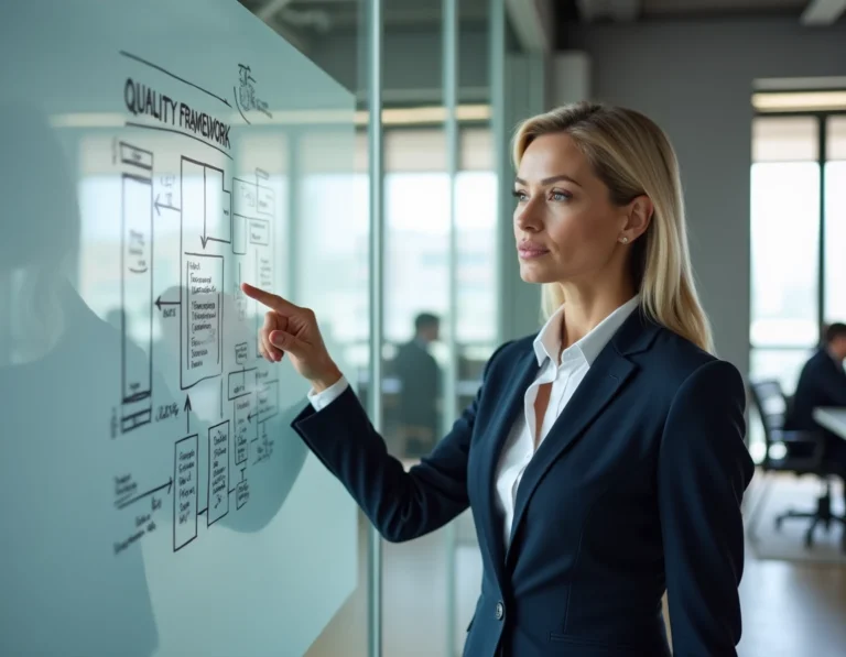 Femme cadre présentant des critères de qualité sur un tableau blanc dans une salle de réunion d'entreprise moderne