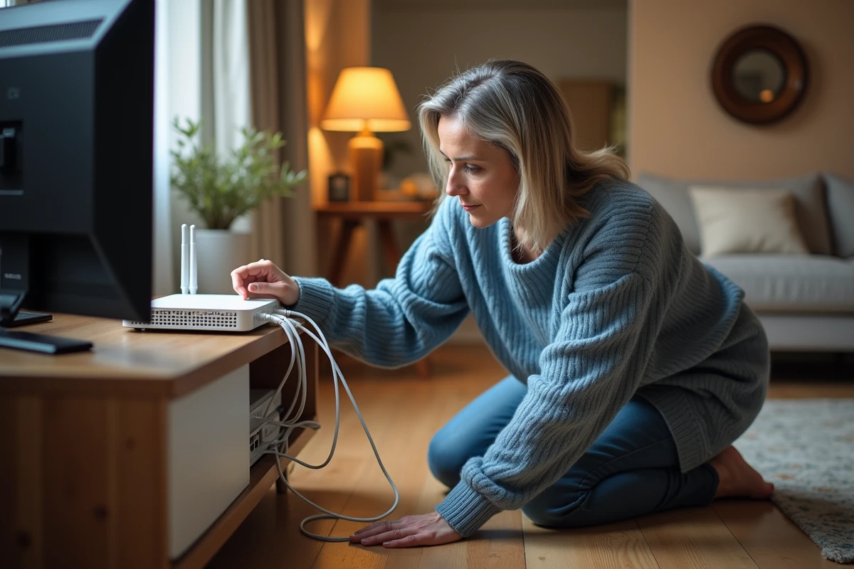 Femme vérifiant les câbles de sa Freebox posée près d'un meuble TV dans un salon français pour résoudre un problème de connexion wifi