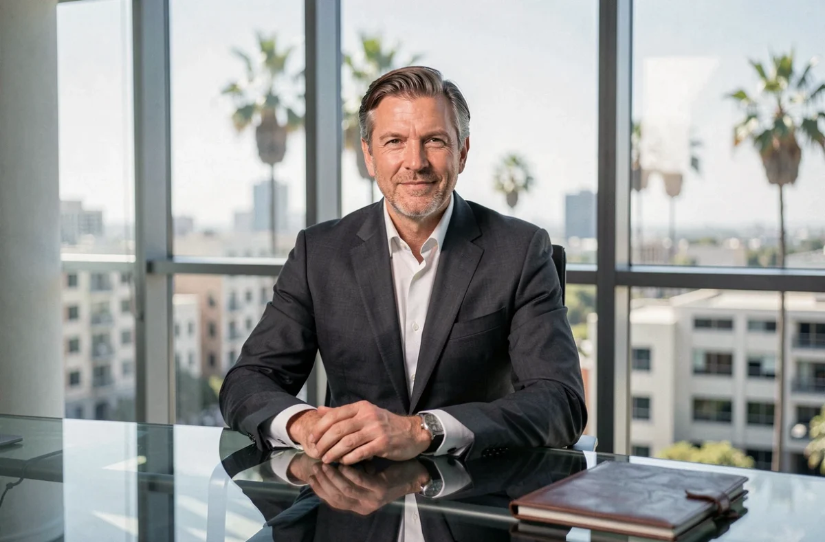 Dirigeant en costume dans un bureau moderne de Los Angeles symbolisant la réussite professionnelle et la fortune de Tony Scotti