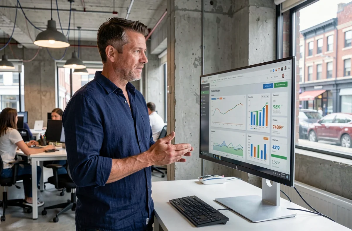 Entrepreneur masculin consultant un tableau de bord e-commerce dans un espace de co-working moderne en milieu urbain