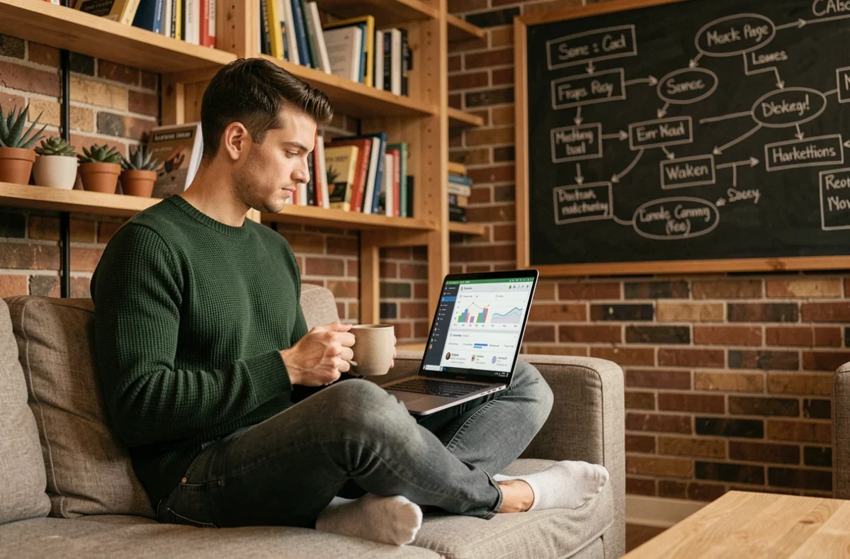 Un jeune entrepreneur gérant sa stratégie de webmarketing sur ordinateur portable dans un espace de coworking chaleureux