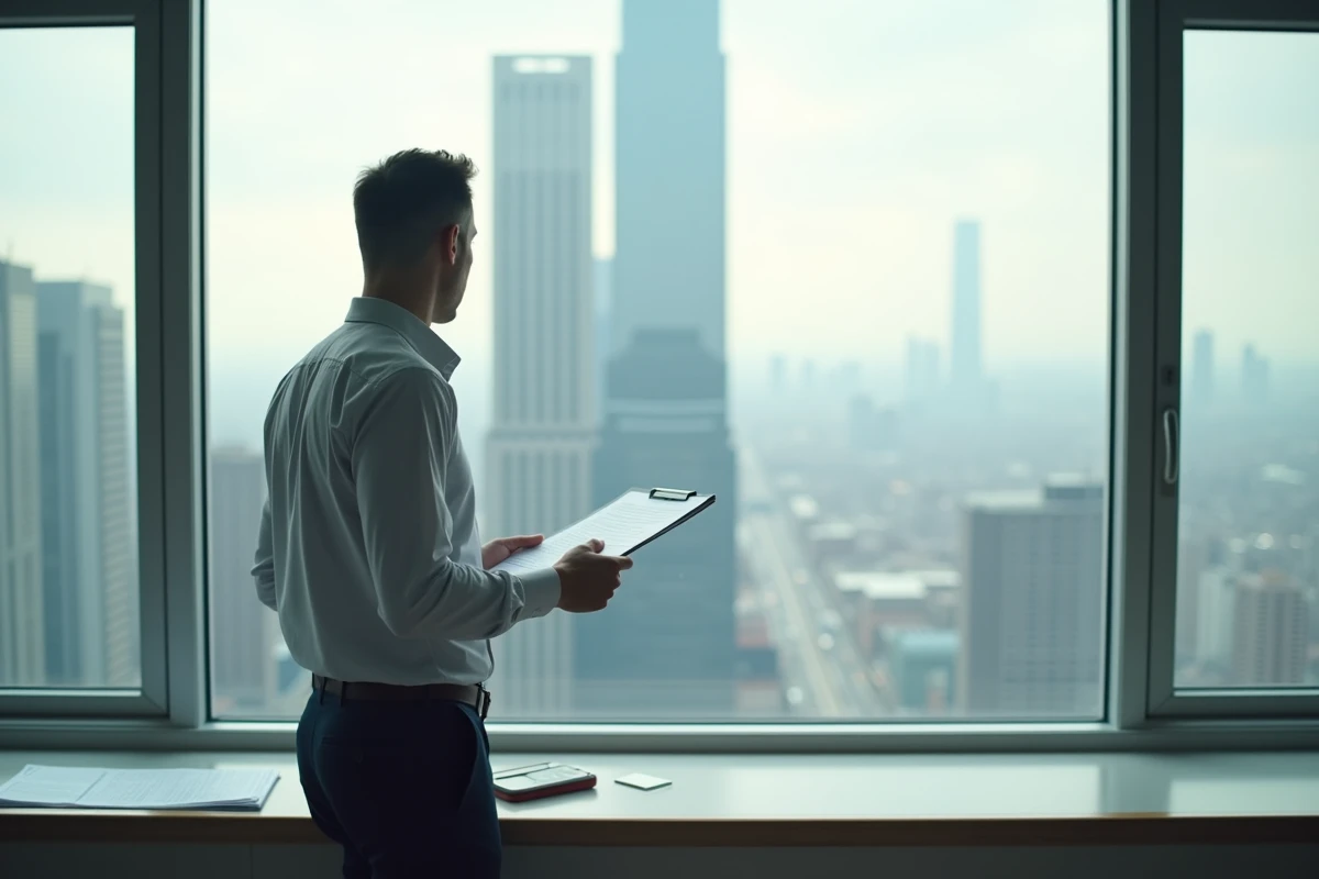 Entrepreneur regardant la ville depuis un bureau en hauteur