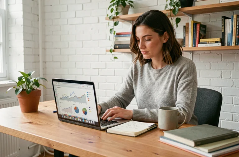 Entrepreneuse en télétravail analysant des données analytiques sur son ordinateur portable dans un bureau à domicile moderne et organisé