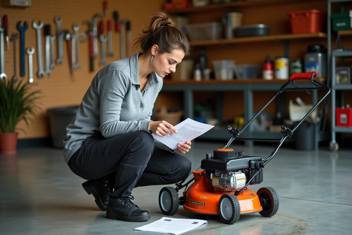 Femme consultant un manuel d'entretien avant de coucher une tondeuse thermique dans un garage résidentiel bien rangé