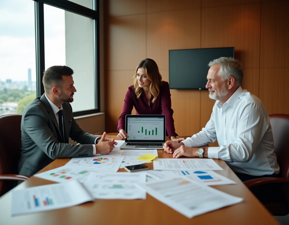 Équipe de professionnels analysant des rapports de critères qualité autour d'une table de conférence en entreprise