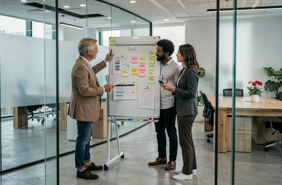 Une équipe marketing collaborative planifiant une campagne de webmarketing sur un tableau blanc dans une salle de réunion moderne