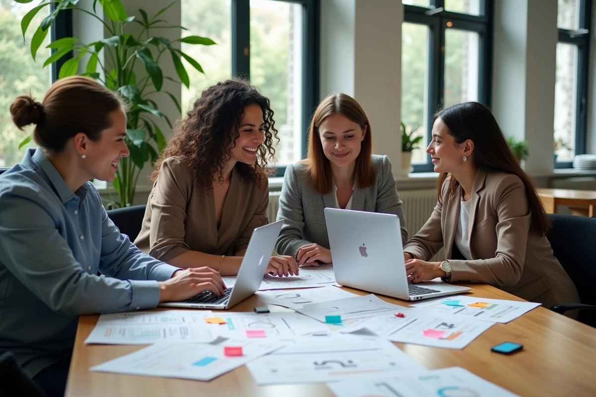 Equipe diverse collaborant autour de rapports SEO et notes