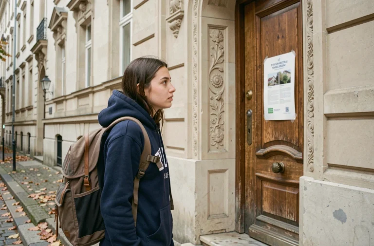Étudiante consultant une annonce de location sur la porte d'un immeuble alsacien à Strasbourg