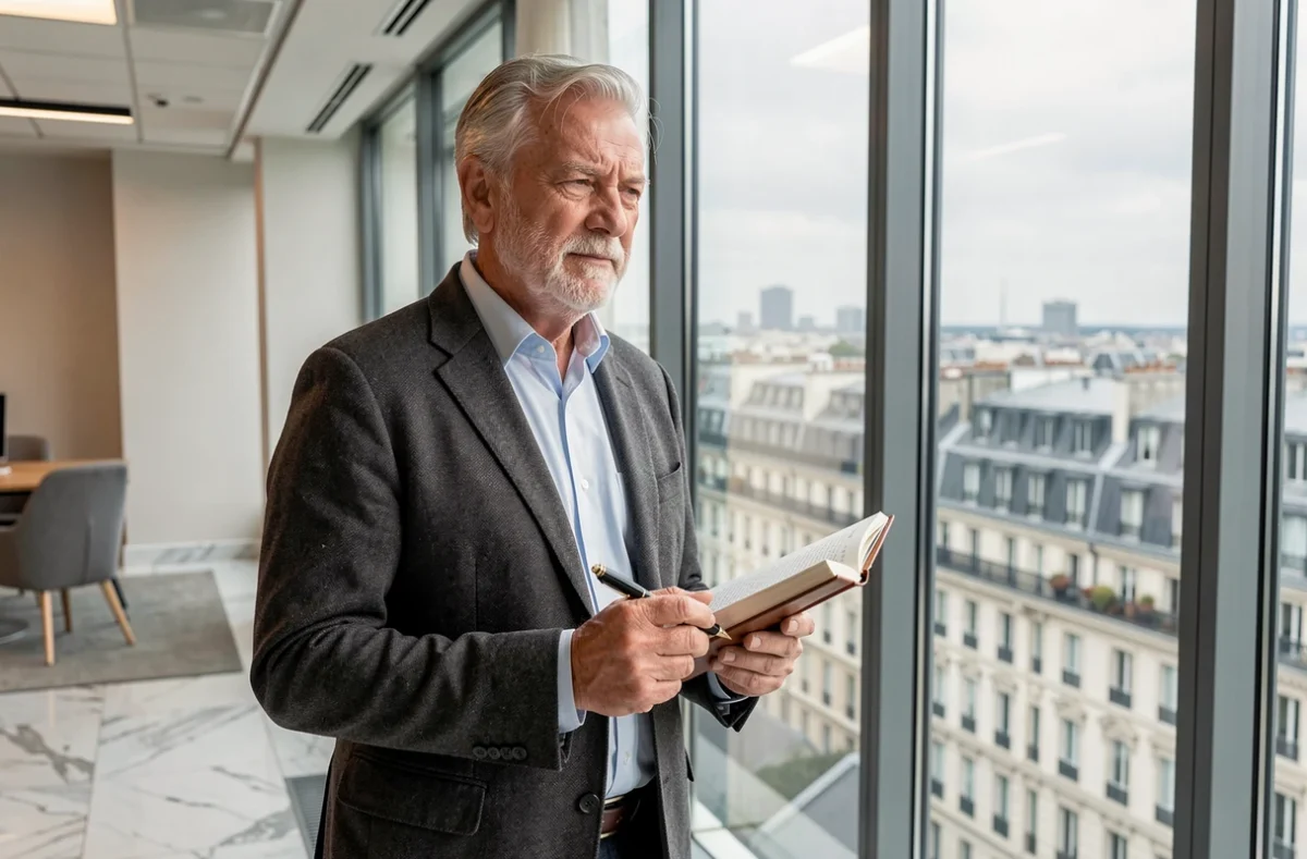 Expert financier français debout devant une fenêtre de bureau parisien avec vue sur la ville tenant un carnet de notes