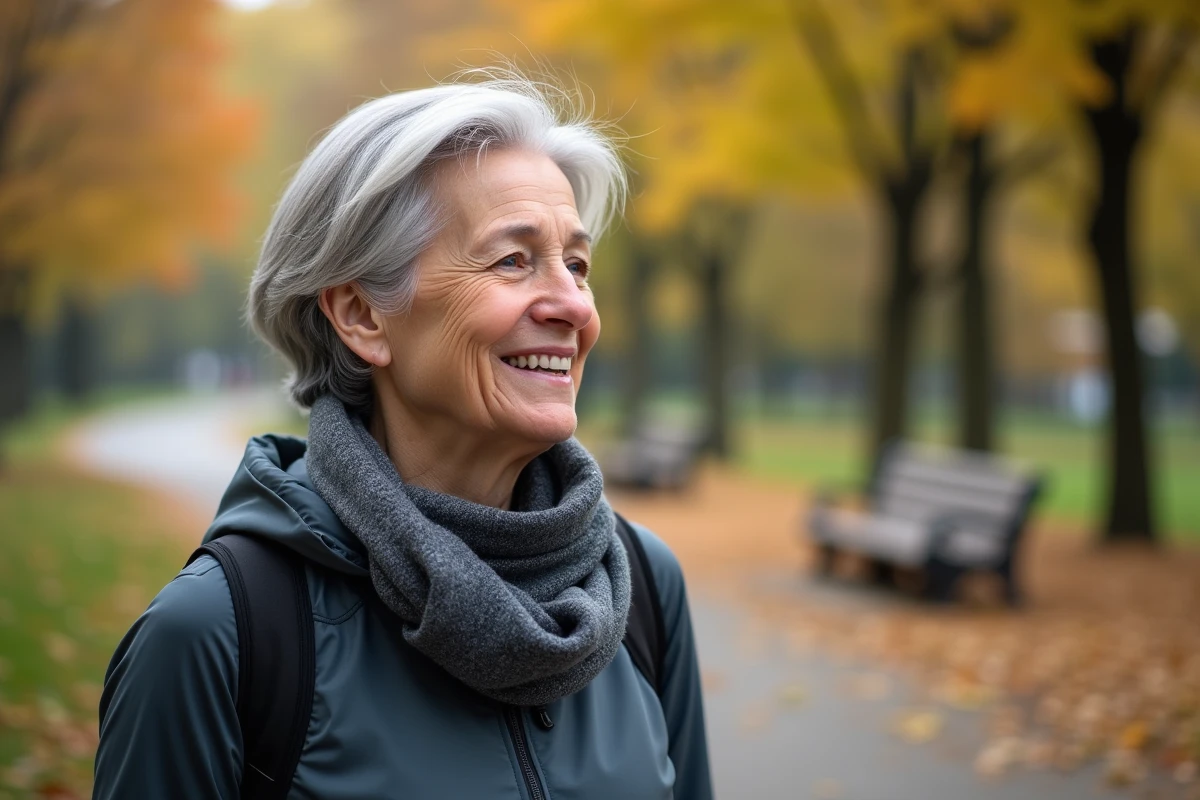Femme de 60 ans souriante en promenade dans un parc automnal