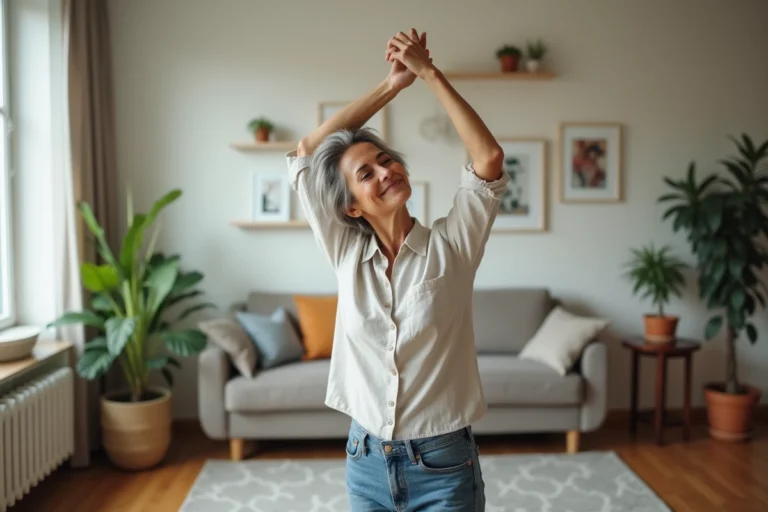 Femme de 60 ans se relaxant chez elle en étirant les bras