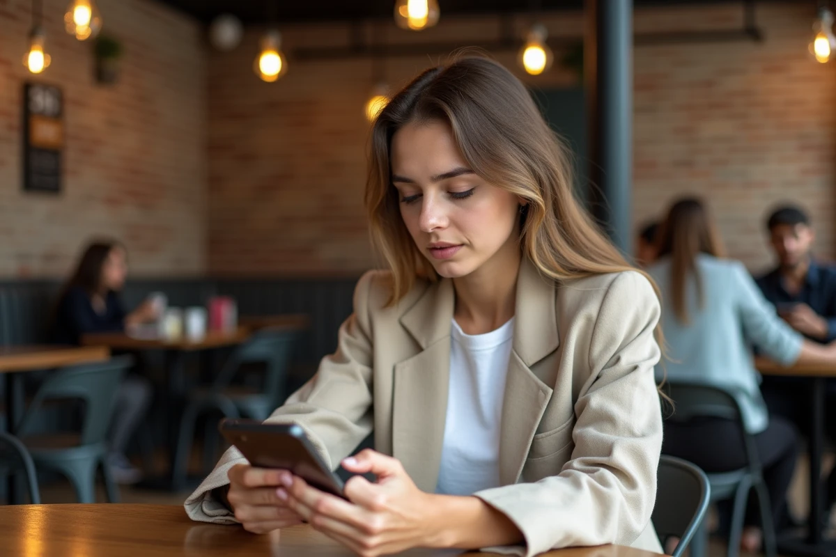 Jeune femme consultant les dernières actualités sur son smartphone dans un café moderne urbain