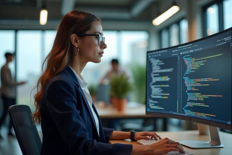 Femme professionnelle analysant du code informatique sur un grand écran dans un bureau moderne ouvert