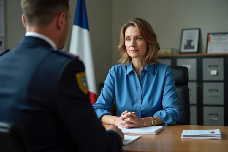 Femme assise face à un gendarme dans un bureau