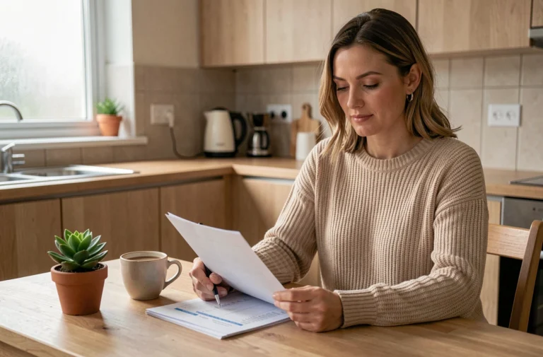 Femme consultant un budget sur papier à une table de cuisine en bois, illustrant la gestion des finances au quotidien