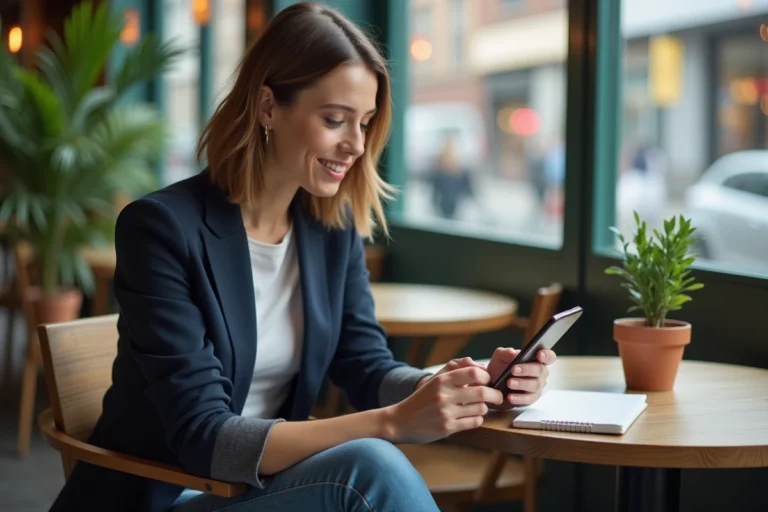Femme en blazer bleu assise au café avec smartphone et carnet