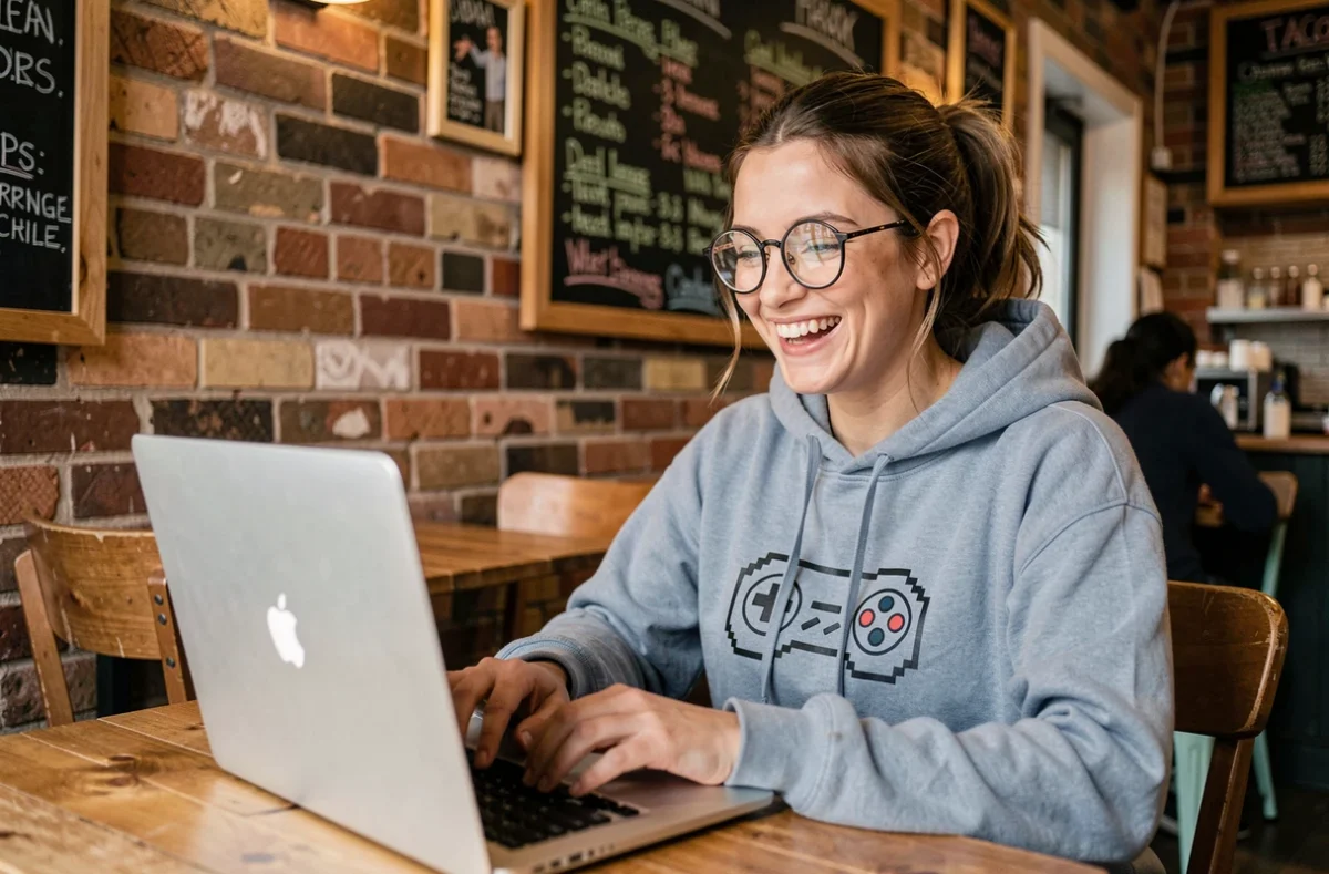 Jeune femme geek souriante portant un sweat rétro à manette 8-bit, naviguant sur un forum vintage dans un café chaleureux, évoquant le retour de la communauté geek en ligne