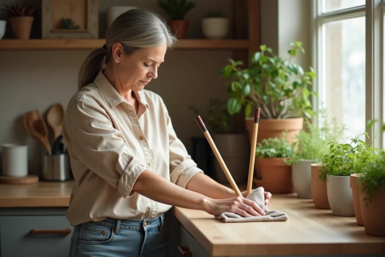 Femme d'âge moyen nettoyant des baguettes de radiesthésie dans une cuisine lumineuse
