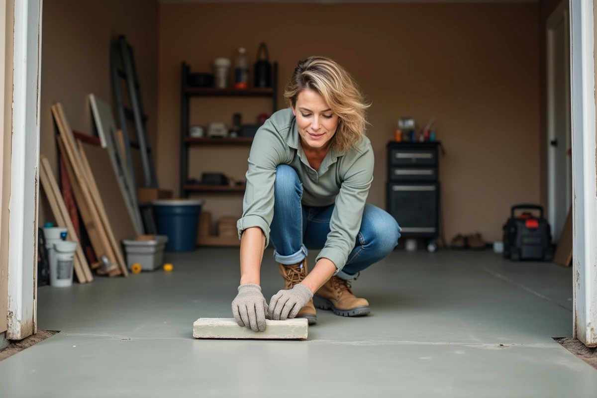 Femme lissant du beton dans un garage