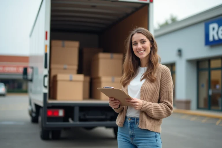 Jeune femme souriante avec camion de location devant un magasin