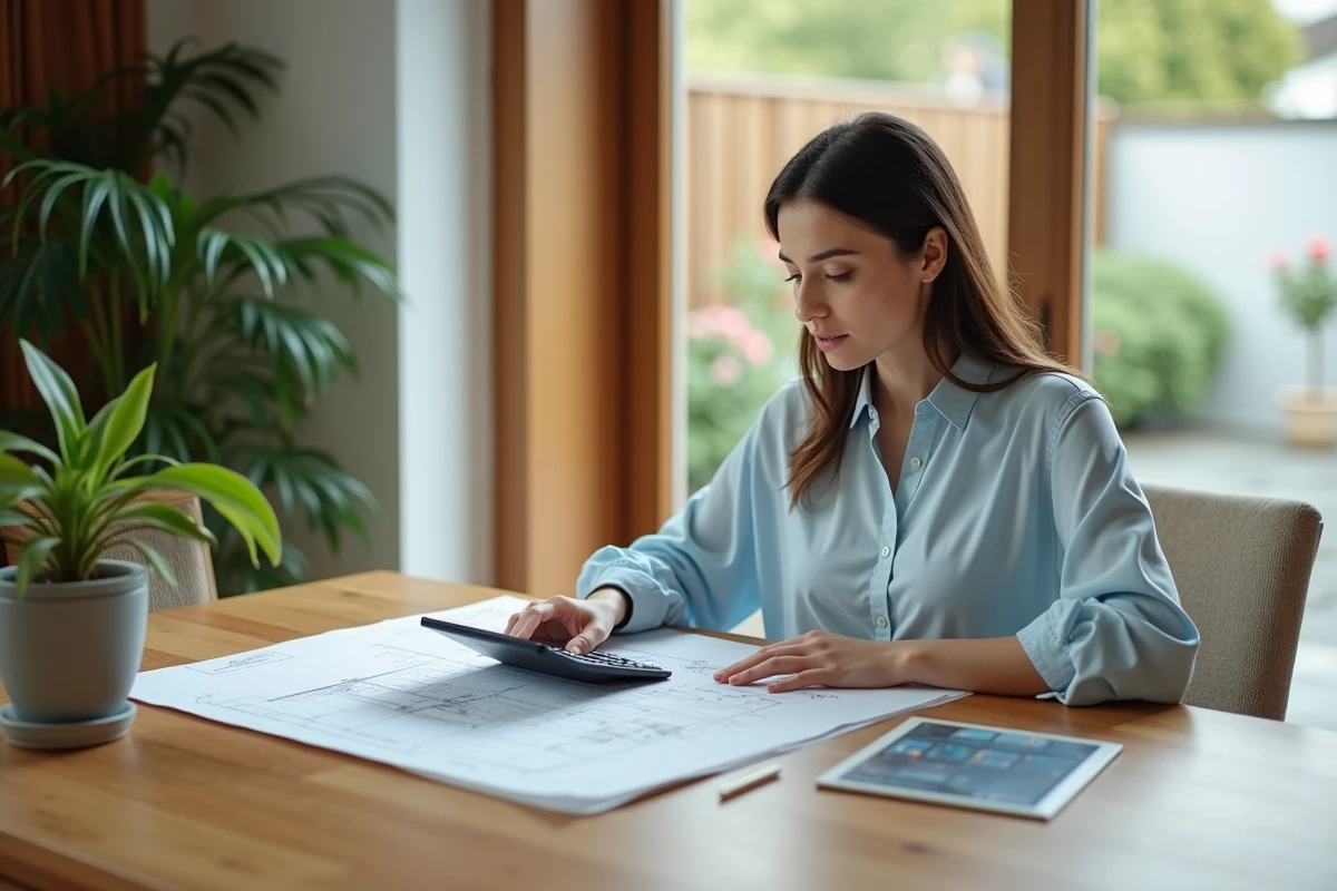 Femme étudiant des plans de maison à l
