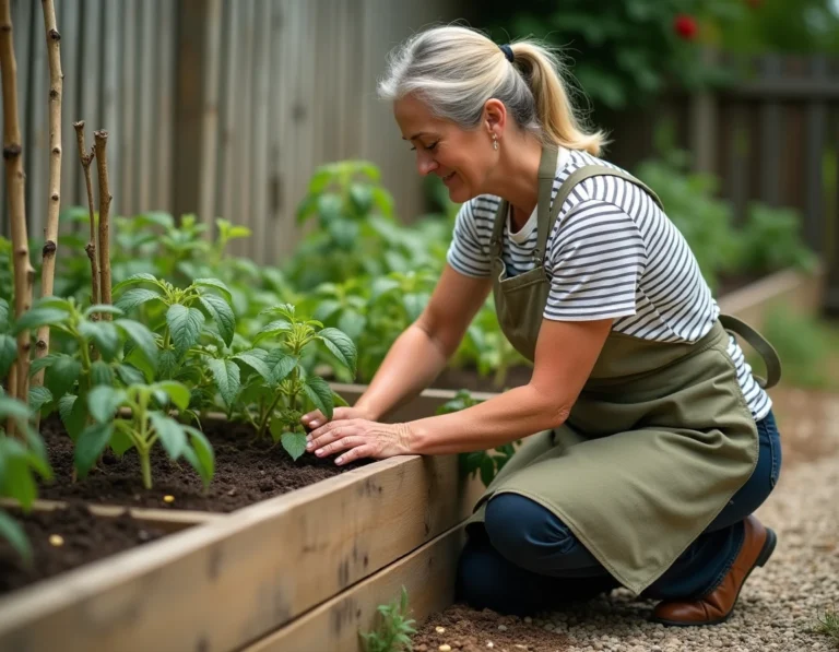 Femme entretenant un potager surélevé en bois avec des plants de tomates et légumes verts dans un jardin suburban