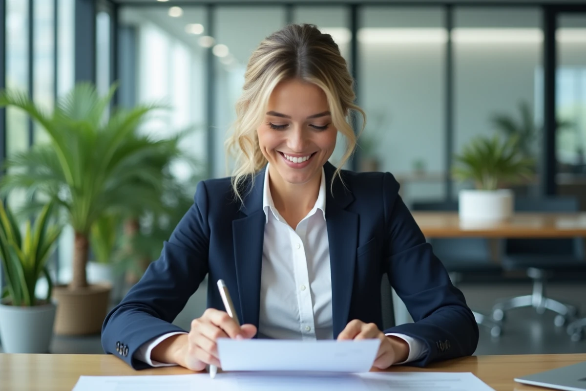 Femme professionnelle souriante en revue de CV au bureau