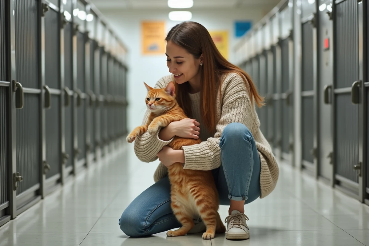 Jeune femme avec chat orange dans un refuge animalier