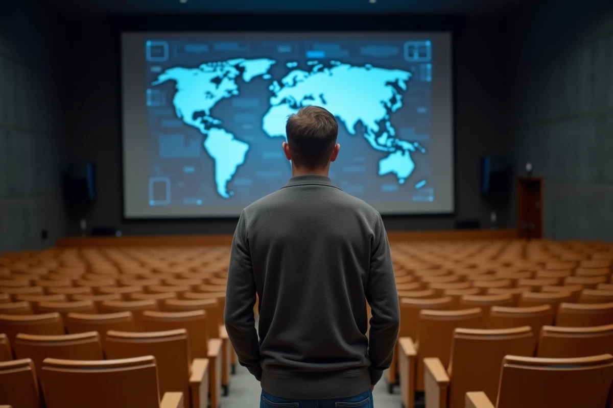 Formateur présentant des enjeux numériques et de cybersécurité dans un amphithéâtre universitaire